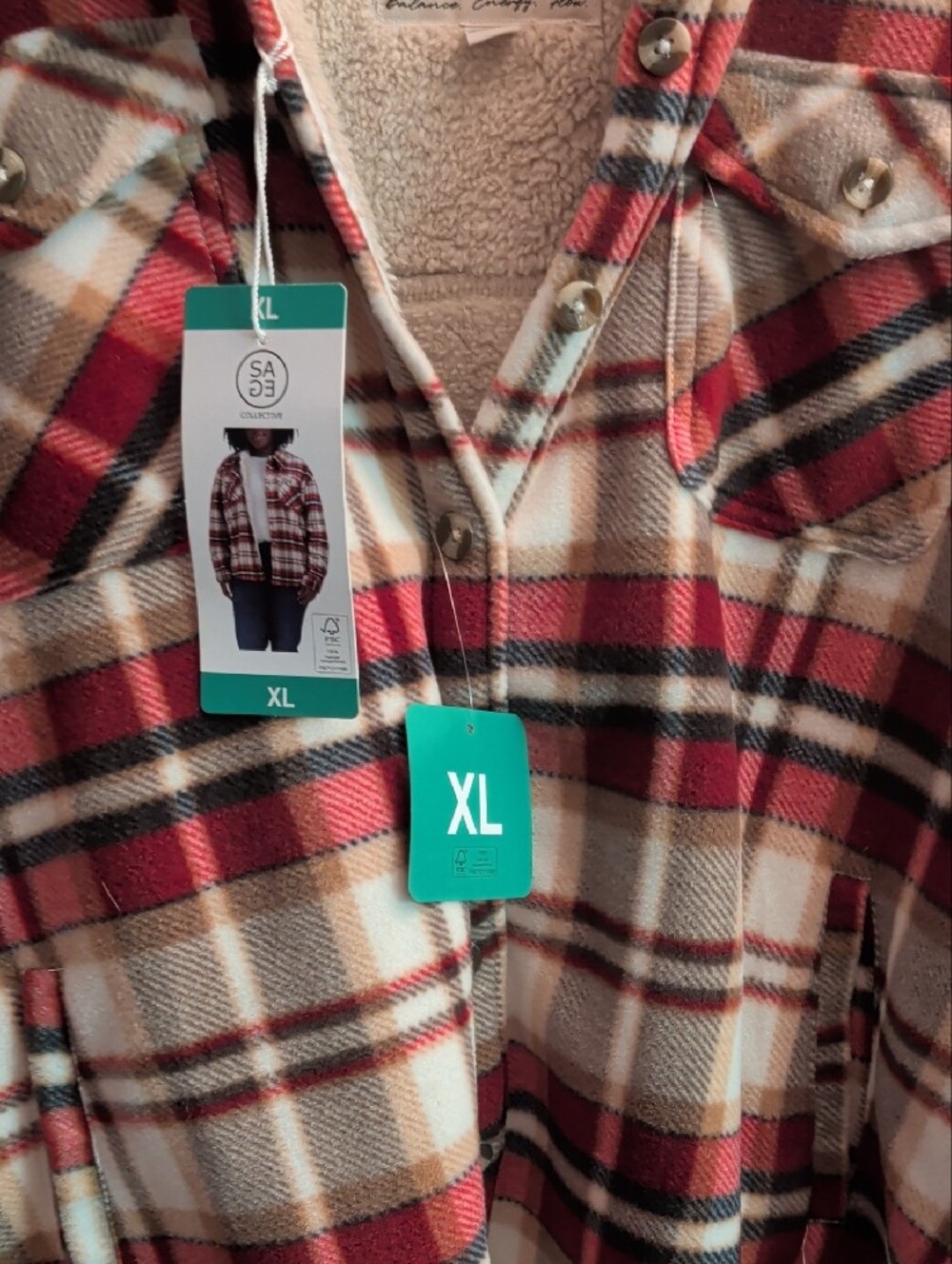 Plaid Hooded Jean Jacket in Cream, Red & Brown - Picture 5 of 7